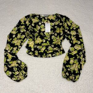 Mango Women Yellow Floral Print Wrap Front Blouse NWT